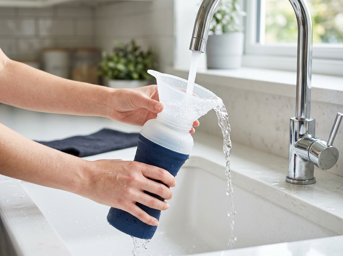 Rinsing the Sylica 750 clean under a tap