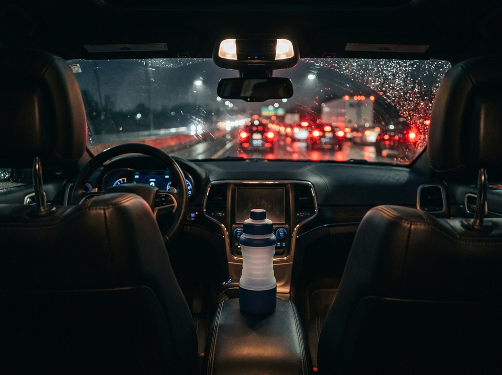 Sylica 750 in a car at night during highway gridlock