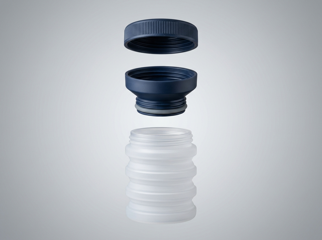 Detachable funnel, lid and body shown separated for cleaning