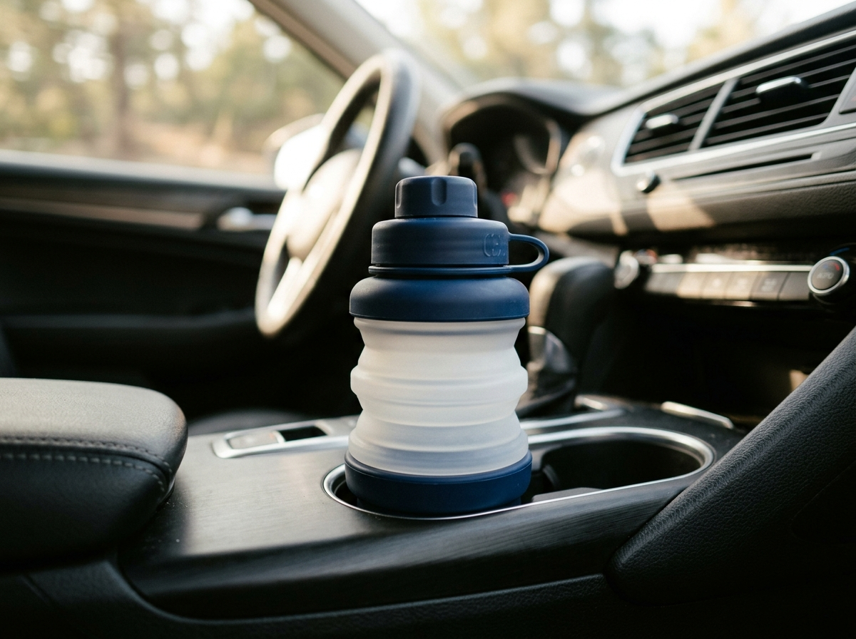 Collapsed Sylica 750 sitting in a car cupholder